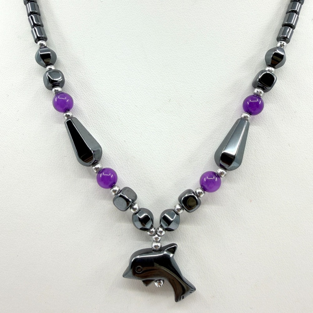 Vintage Hematite Dolphin Pendant Necklace with Amethyst Beads, Y2K Silver